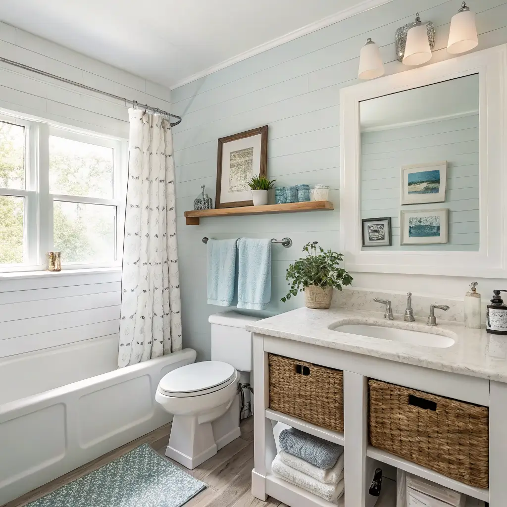 Bright modern coastal guest bathroom with soaking tub, Swiss Coffee walls, white oak shelf decor, driftwood mirror, sea-glass striped shower curtain, and soft blue accents in mid-morning light.