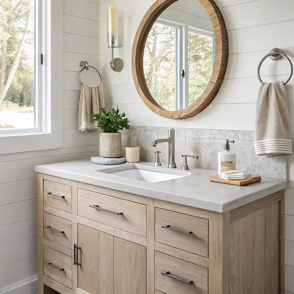 Coastal bathroom vanity with white oak floating cabinet, pale sand stone top, brushed nickel faucet, round whitewashed mirror, washed-stone resin accessories on a tray, glass canisters of cotton rounds and Q-tips, rolled white towel with navy piping, and eucalyptus in a bud vase.
