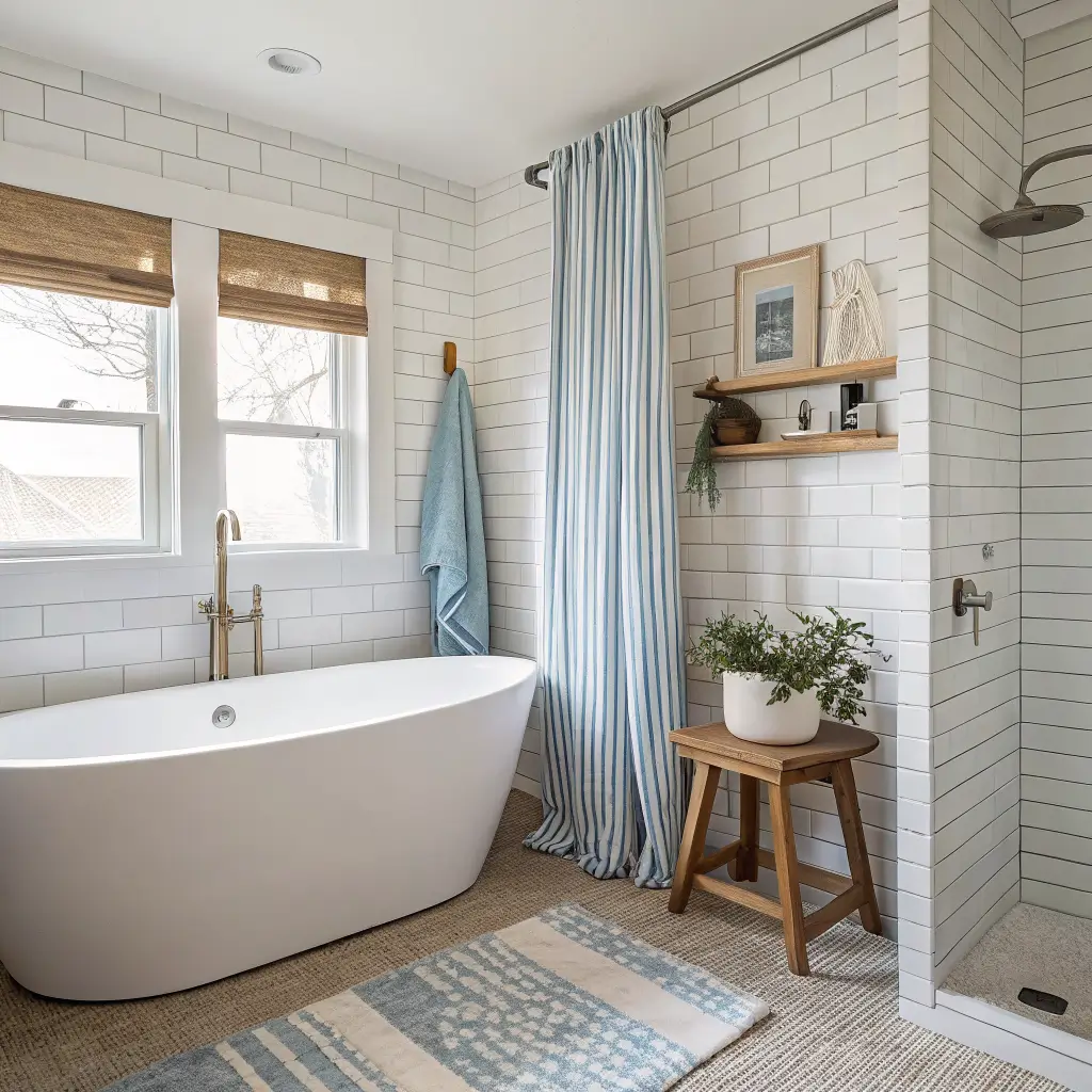Modern coastal ensuite with matte white freestanding tub, white subway tile wall with sea-glass niche, striped shower curtain, oak stool with towel, seagrass basket, and trailing pothos in bright airy light.