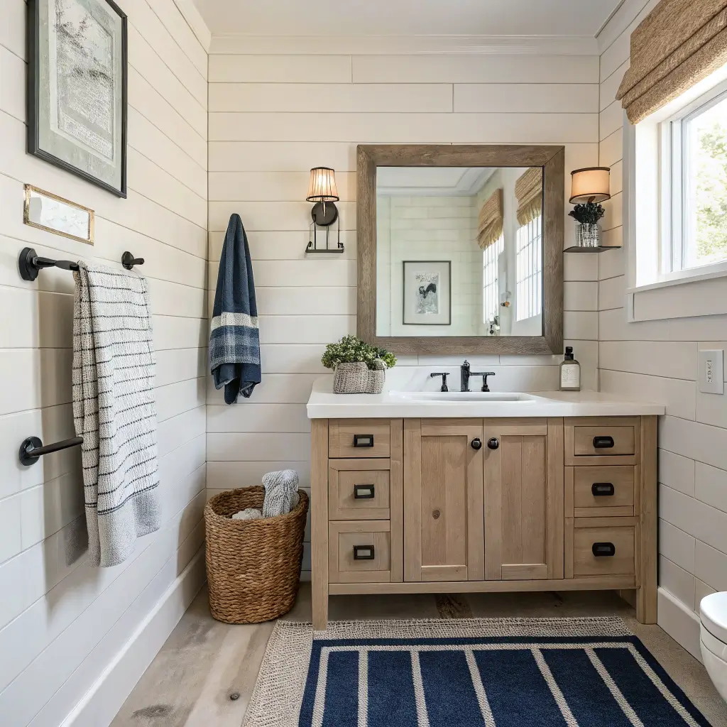 Modern coastal farmhouse guest bathroom with Swiss Coffee shiplap wall, white oak vanity, navy towel on black hooks, brushed nickel sconces, sand tile floor, and muted beach photo in warm afternoon light.