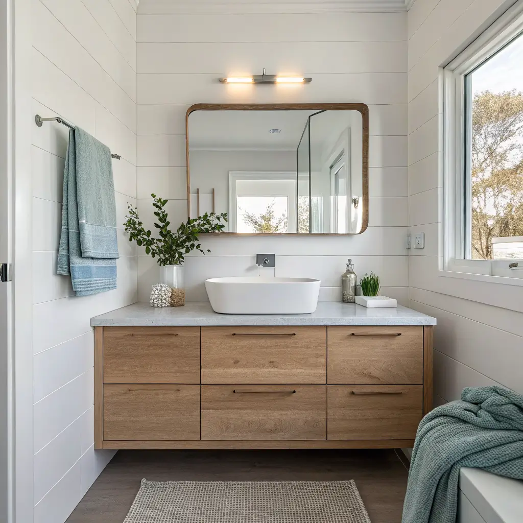 Scandi coastal 6x8-foot minimalist bathroom with white walls, pale oak floating vanity and floor, frameless mirror, brushed nickel seeded-glass light, vessel sink, eucalyptus sprig, and neatly folded gray-blue towel.