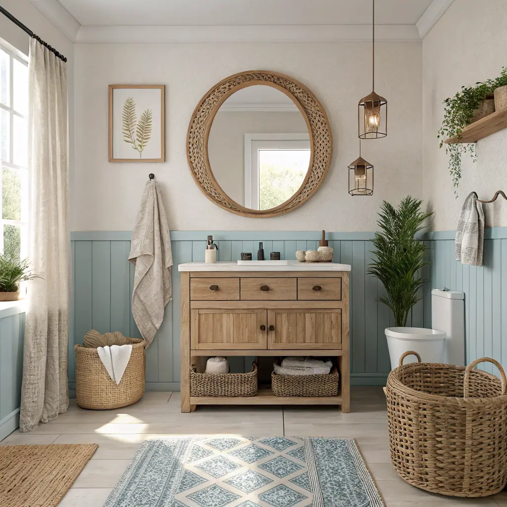 Boho coastal bathroom in warm afternoon light with rattan round mirror, white oak vanity, macramé hanging, layered cream and sea-glass rugs, seagrass towel basket, pothos plant, and brushed nickel fixtures.