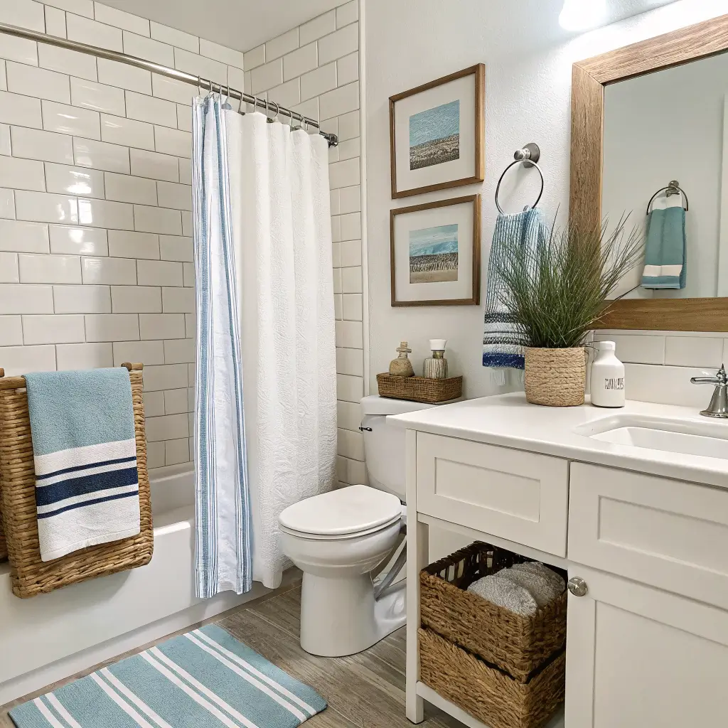 Renter-friendly modern coastal bathroom with white tile and chrome fixtures, blue striped shower curtain, white bath mat with blue stripe, seagrass basket of sand-colored towels, leaning ocean photo, whitewashed mirror, glass canisters, and a potted pothos in bright daylight.