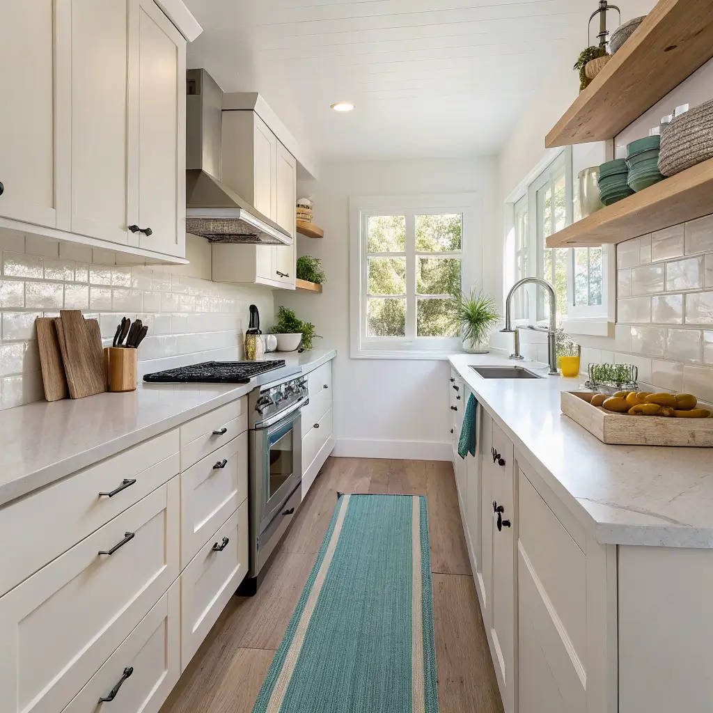 Photorealistic small 8x12 galley kitchen viewed from doorway with warm white cabinets, pale oak shelves, white quartz counters, brushed nickel pulls, soft late-morning sidelight, aqua tea towel, jute runner with blue stripe, and neatly arranged cooking essentials.