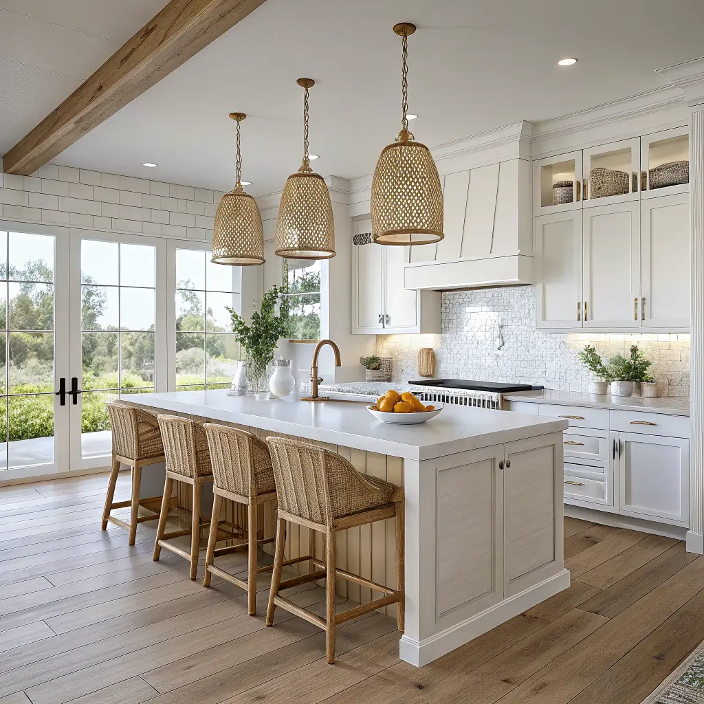 Low, wide view of an open-concept coastal kitchen with a white oak island and waterfall quartz top under three woven seagrass pendants, warm white cabinets, brass faucet, and late afternoon golden light over lemons and a pale blue linen runner.
