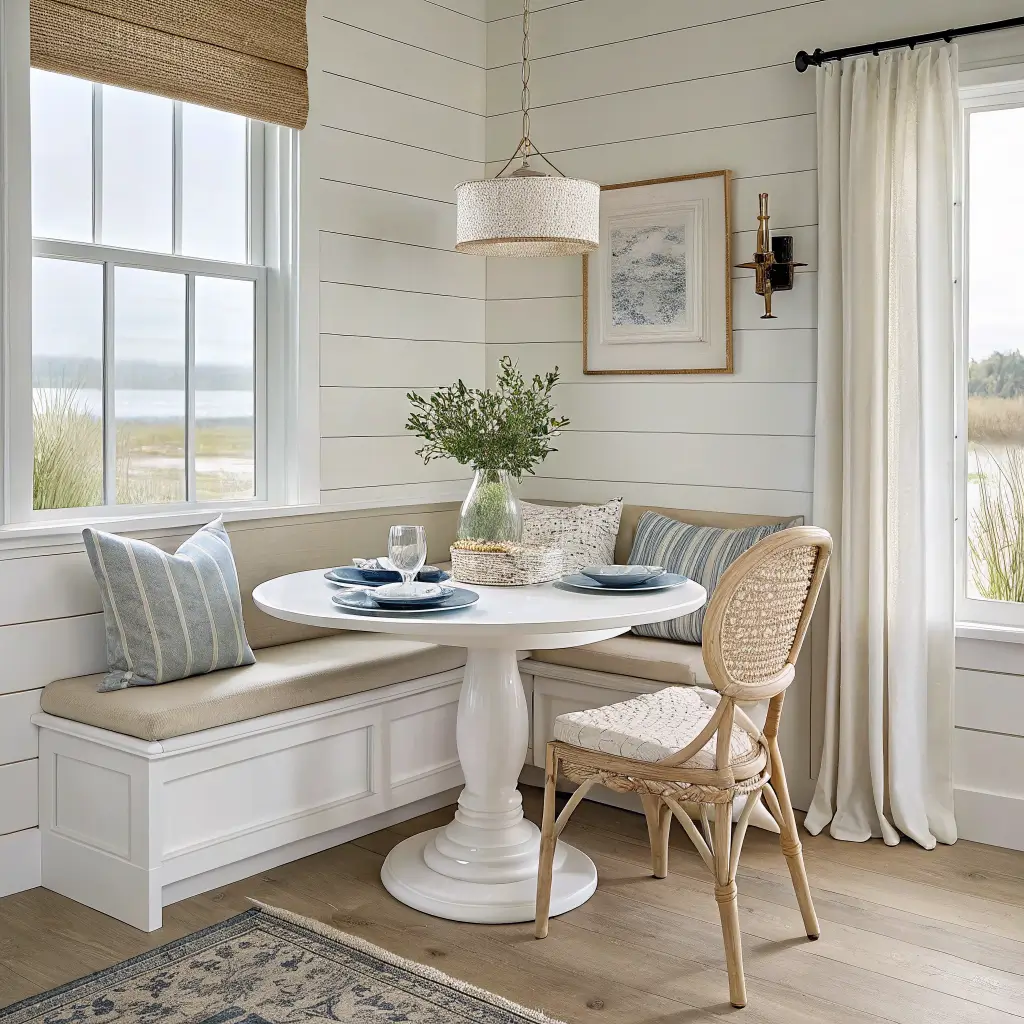 Photorealistic coastal kitchen breakfast nook with cream linen banquette on white shiplap, round white oak pedestal table, cane-back chairs, and soft overcast window light.