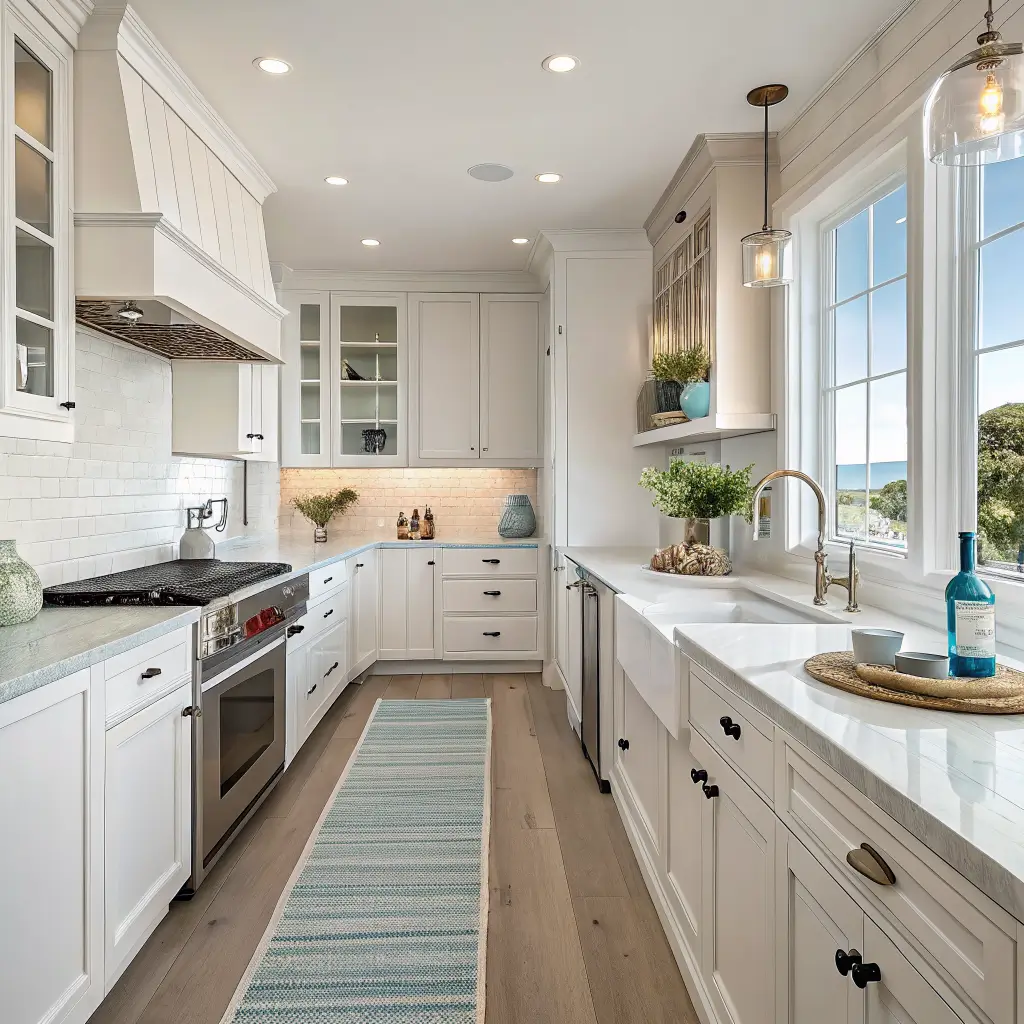 Straight-on photorealistic coastal kitchen palette study with White Dove cabinets, honed quartz, white oak shelf with white and pale blue stoneware, brushed nickel pulls, sea-glass bottle, jute runner, and oat linen tea towel in soft northern daylight.
