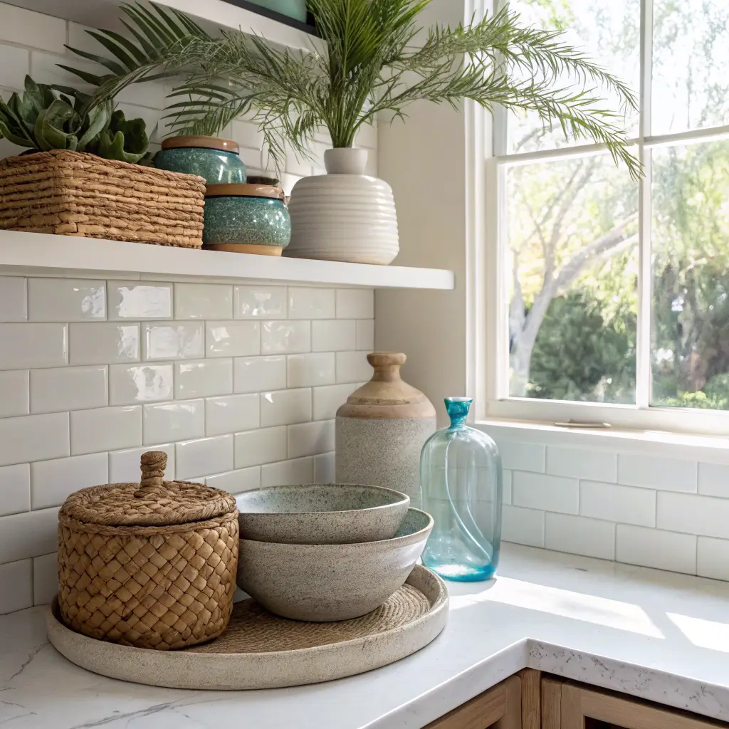 Coastal kitchen corner with honed white quartz counter, white subway tile, white oak floating shelf holding rattan canister, seagrass tray, sand-glazed stoneware bowl, and blue-green glass bottle with dried palm stem in soft window light.