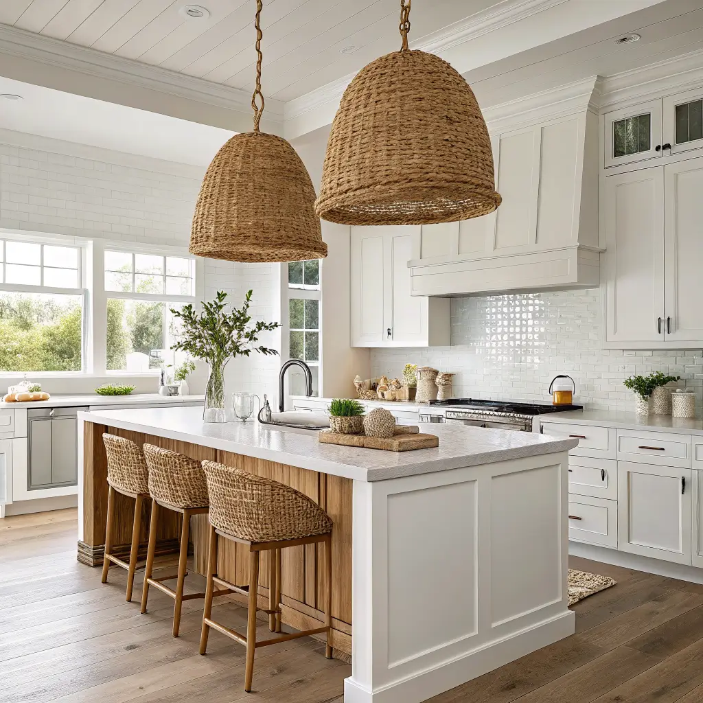 Coastal kitchen with white oak island and waterfall quartz top, two rattan dome pendants above cane-seat stools, warm white cabinets, subway tile, and sunlight casting soft shadows.