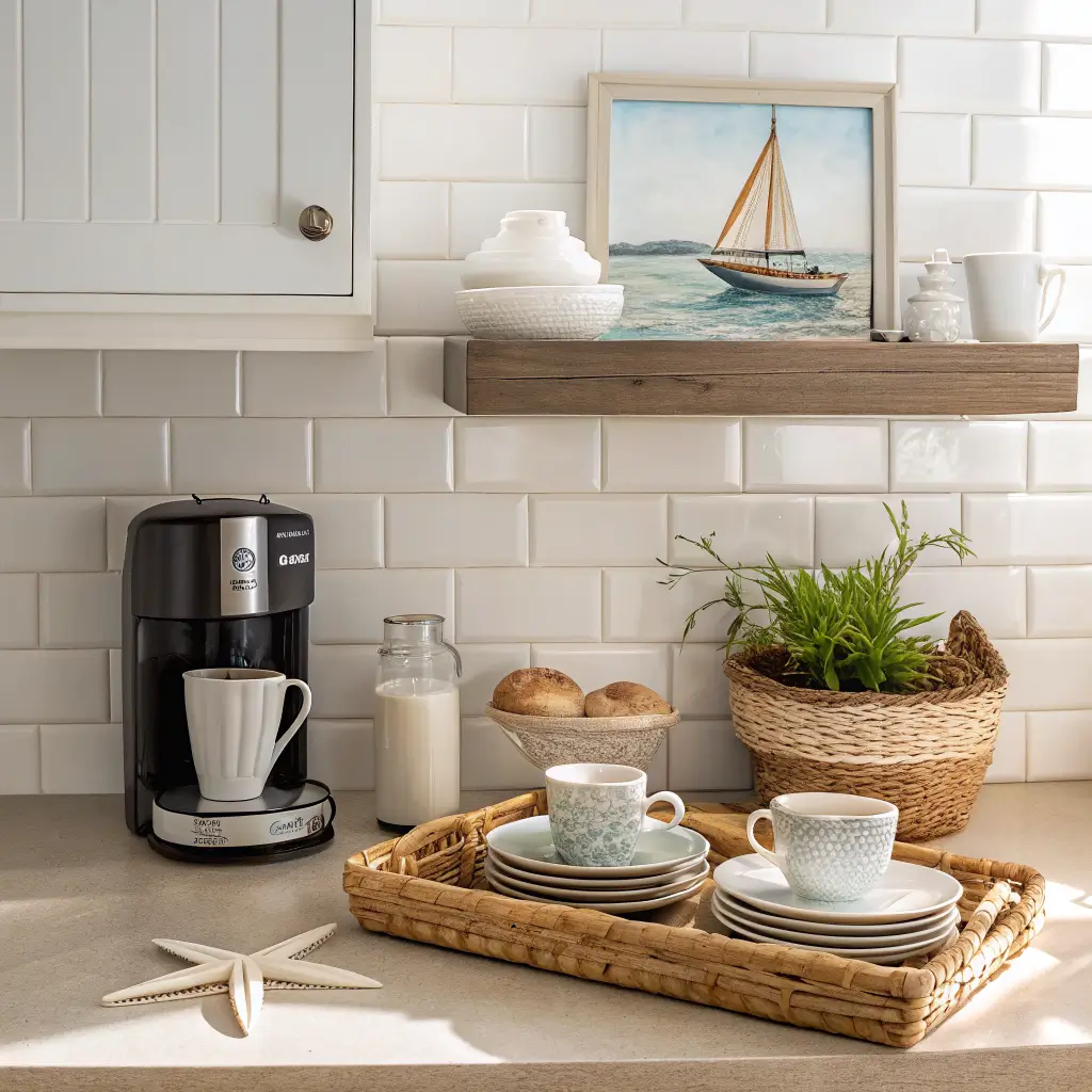 Coastal kitchen coffee station on a 4‑foot counter with espresso maker, stoneware mugs, shell‑embossed creamer, and herb on a seagrass tray beneath a white oak shelf with plates, bowl, starfish, and a sailboat watercolor.