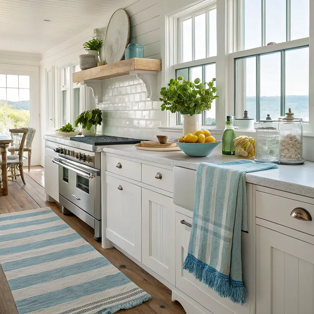 Bright coastal kitchen with warm white cabinets, rattan pendants, striped blue-and-white runner, lemon-filled stoneware bowl on island, basil and mint jars on windowsill, and aqua towel in sunny midday light.
