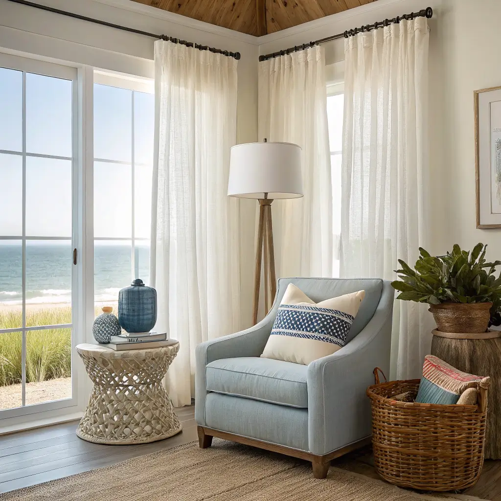 Modern coastal nook in golden-hour light with ivory slipcovered armchair, blue ceramic lamp on ash side table, striped and linen pillows, snake plant, seagrass basket, and framed photo against white wall.