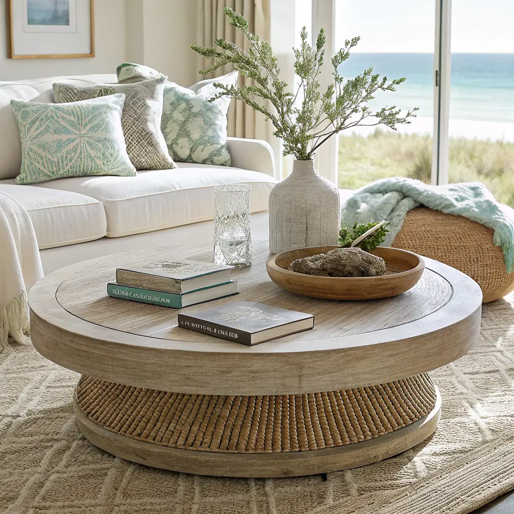 Close-up of a round white oak coffee table on a jute rug with a rattan tray, neutral books, bud vase with olive branch, driftwood sculpture, and ivory bowl in soft late-morning coastal living room light.