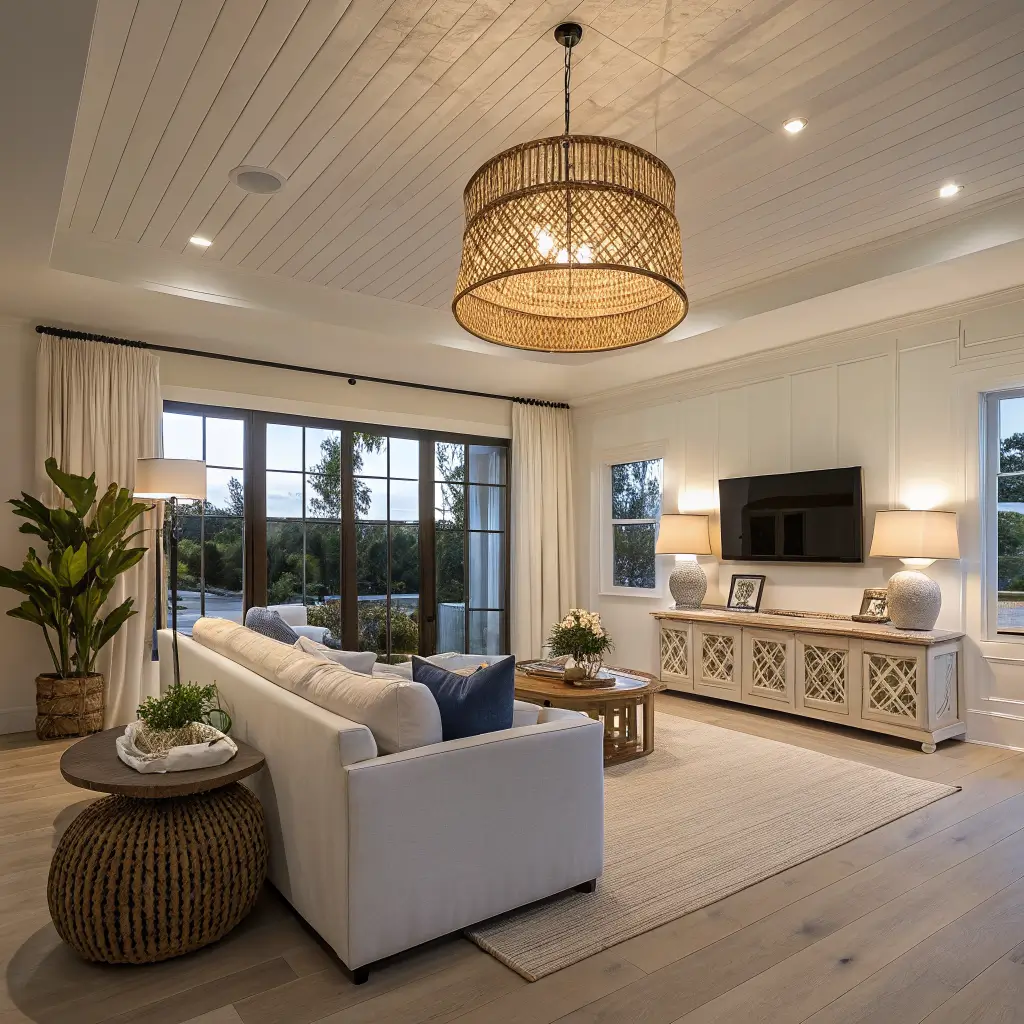 Modern coastal living room at dusk with warm rattan pendant, blue ceramic table lamps, ivory slipcovered sofa, jute rug, olive tree, and soft blue window light.