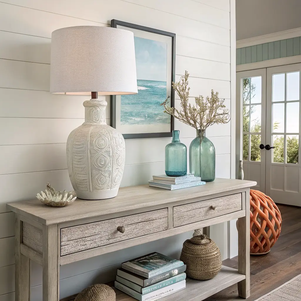Photorealistic coastal living room console vignette with ceramic lamp, neutral books, coral sculpture, pothos plant, eucalyptus bottle, and black-framed seascape on Pale Oak wall.
