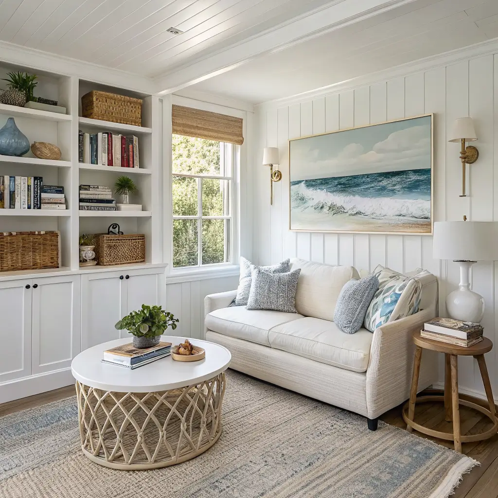 Photorealistic small modern coastal den with linen sofa, rattan chair and coffee table, jute rug, abstract ocean canvas with brass sconces, striped bookcase, and white curtains in bright morning light.