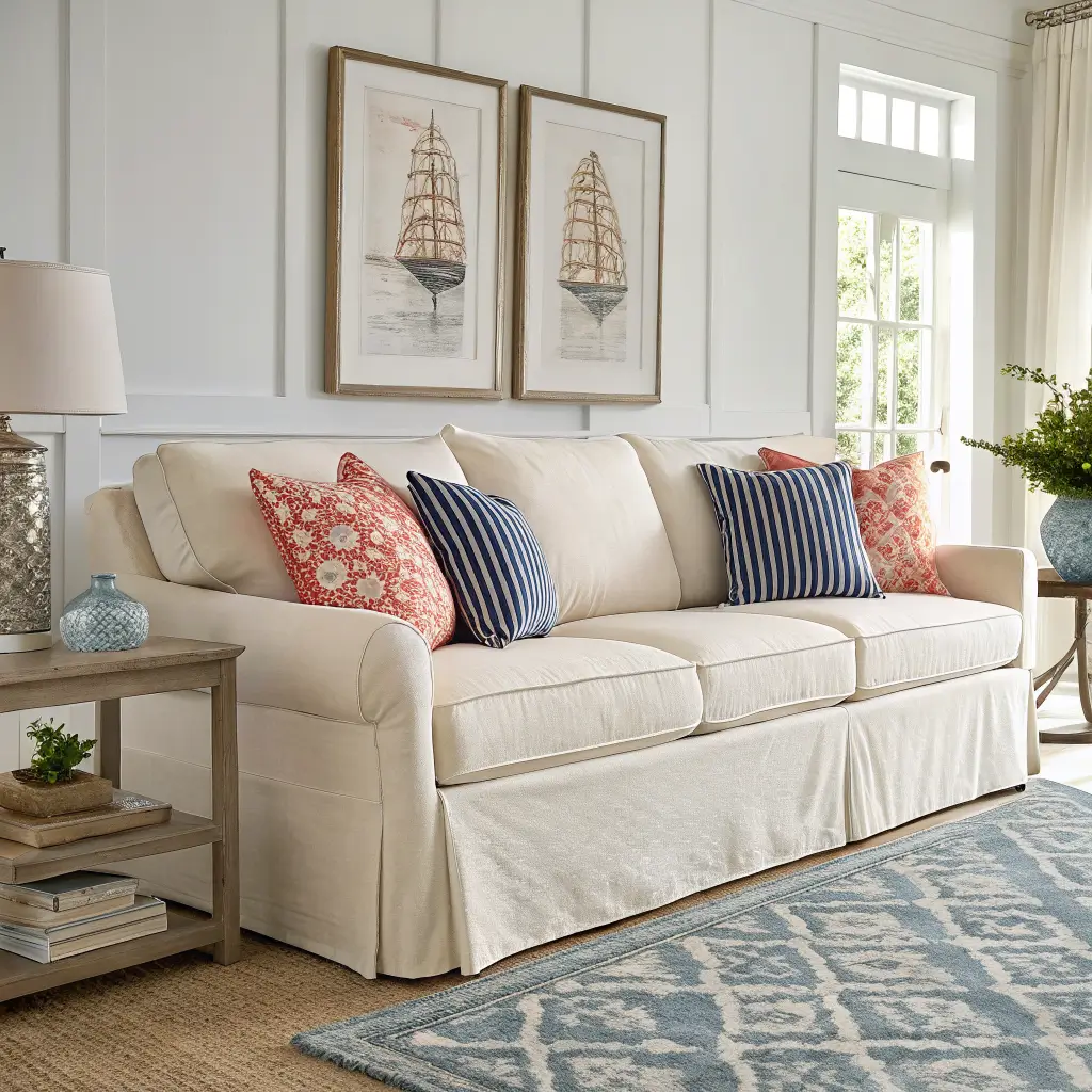 Photorealistic coastal sofa vignette with ivory slipcovered sofa, oatmeal linen pillows, navy striped cushions, coral lumbar pillow, taupe knit throw, jute rug, and white oak console with blue lamp in bright natural light.
