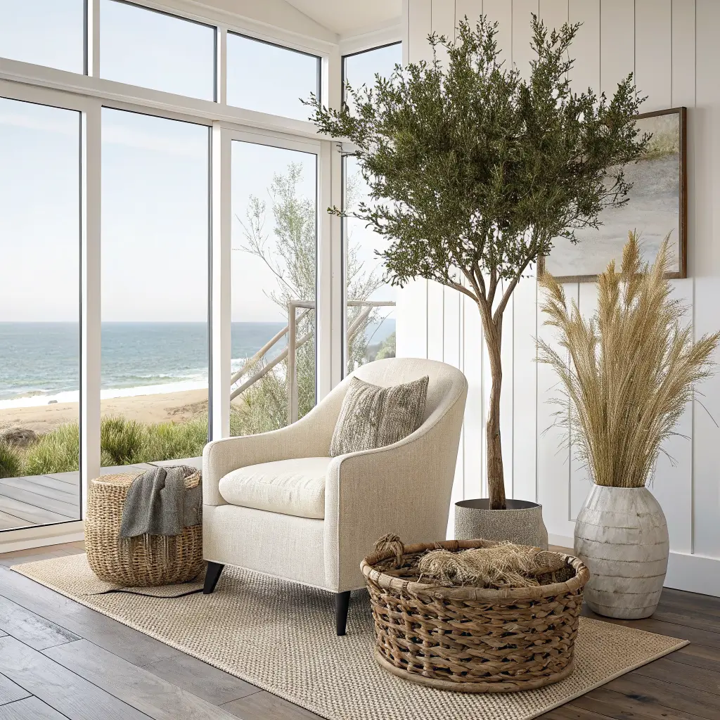 Sunlit coastal living room corner with floor-to-ceiling windows, 7-foot olive tree in a cream stone planter, ivory slipcovered armchair with soft blue throw, pampas grass in a clear glass bottle, and snake plant on a rattan stool over white oak floors.