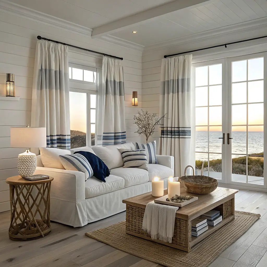 Photorealistic winter coastal living room with ivory linen sofa, navy knit throw, candlelit lanterns on oak coffee table, jute rug, rattan pendant, and warm late-afternoon glow.