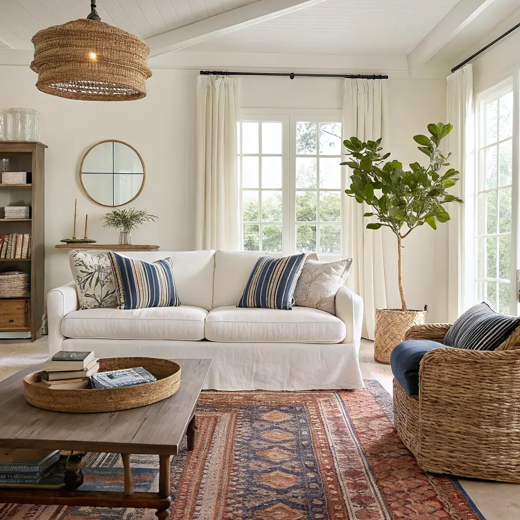 Photorealistic boho-coastal living room with ivory linen sofa, layered kilim and jute rugs, round oak coffee table with rattan tray, cane chairs, rattan pendant, and abstract seascape in soft morning light.