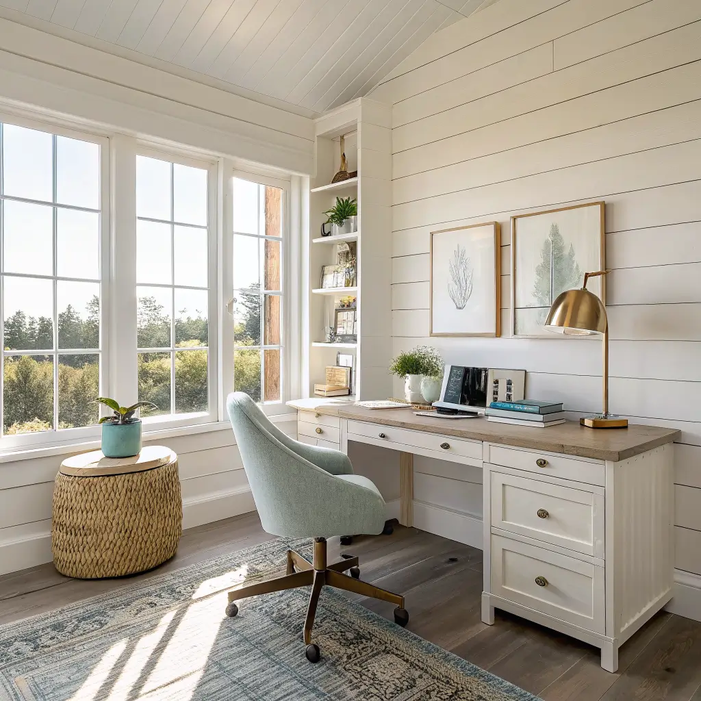 Sunlit modern coastal home office with white shiplap accent wall, whitewashed oak desk, cane-back chair, jute rug, and soft blue accents viewed from doorway.