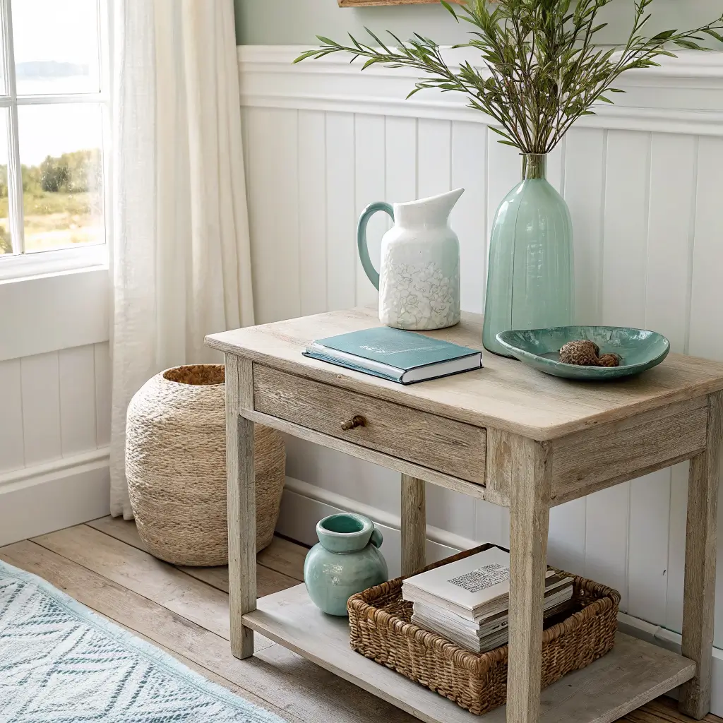 Coastal home office vignette with a whitewashed oak side table holding a warm white ceramic pitcher, chambray blue linen notebook, oat jute coasters, sea mist green bud vase with olive sprig, and a small brass tray in soft midday window light.