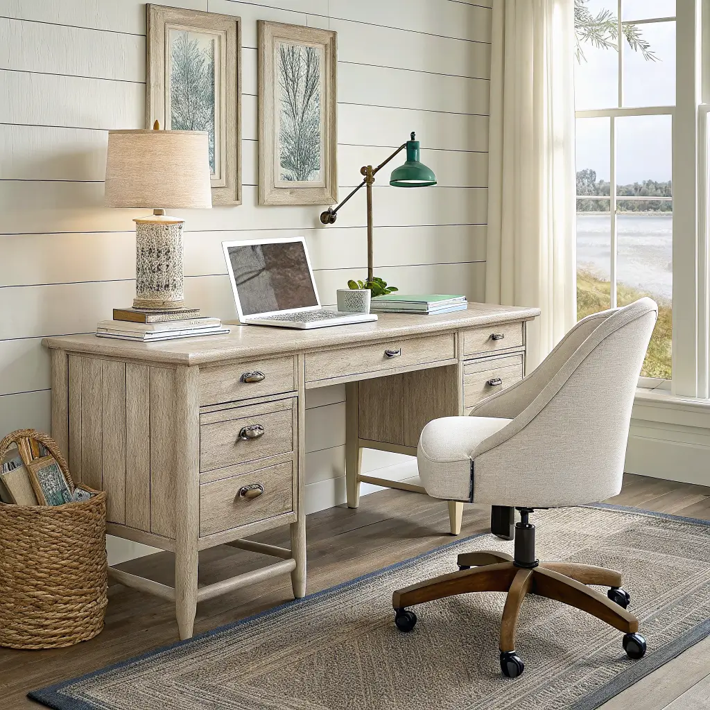 Photorealistic coastal home office with a whitewashed oak desk against shiplap, lamp and books on top, cane-backed chair, jute rug, and sunlit window with oat linen curtains.
