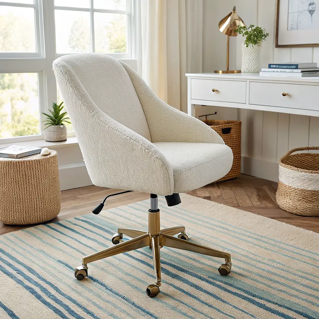 Close-up three-quarter view of a cream boucle cane-back task chair with brass swivel base on a striped wool-jute rug beside a whitewashed oak desk in a coastal home office.