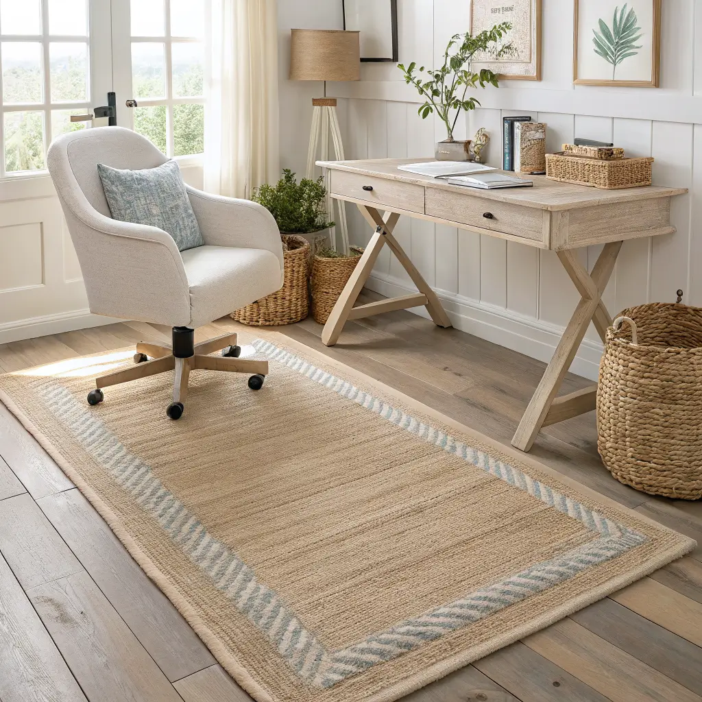 High three-quarter view of an oat-colored jute rug with a faded blue-and-white pattern under a whitewashed desk and cream boucle chair on light oak floors, sunlit coastal home office details visible.