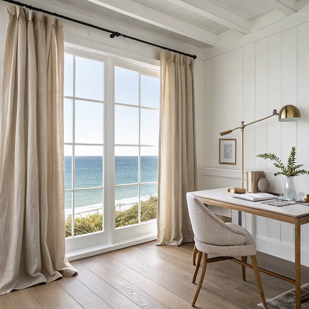 Bright coastal home office with tall linen-curtained window, whitewashed oak desk and brass lamp, warm oak floor, and soft diffused midmorning light.