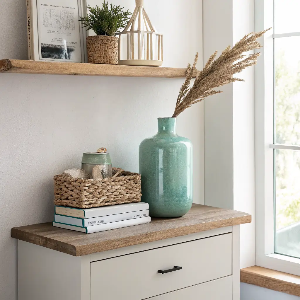 Coastal home office vignette with a light oak floating shelf holding a sea mist vase with dried grass, two linen books, and driftwood above a whitewashed file cabinet with a seagrass basket in soft afternoon light.