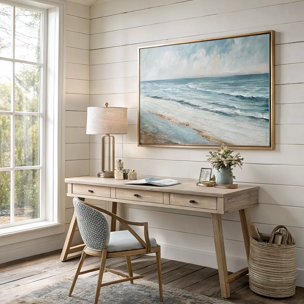 Coastal home office with abstract blue-and-sand horizon canvas above a whitewashed oak desk with brass lamp and ceramic vase on a white shiplap wall.