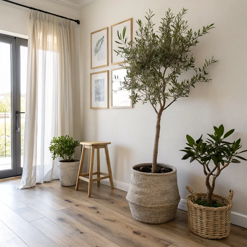 Photorealistic minimalist living room corner with a tall olive tree in a stoneware planter, two smaller plants on oak stools, Swiss Coffee walls, pale oak floors, sheer linen curtain light, and a matte black botanical print.