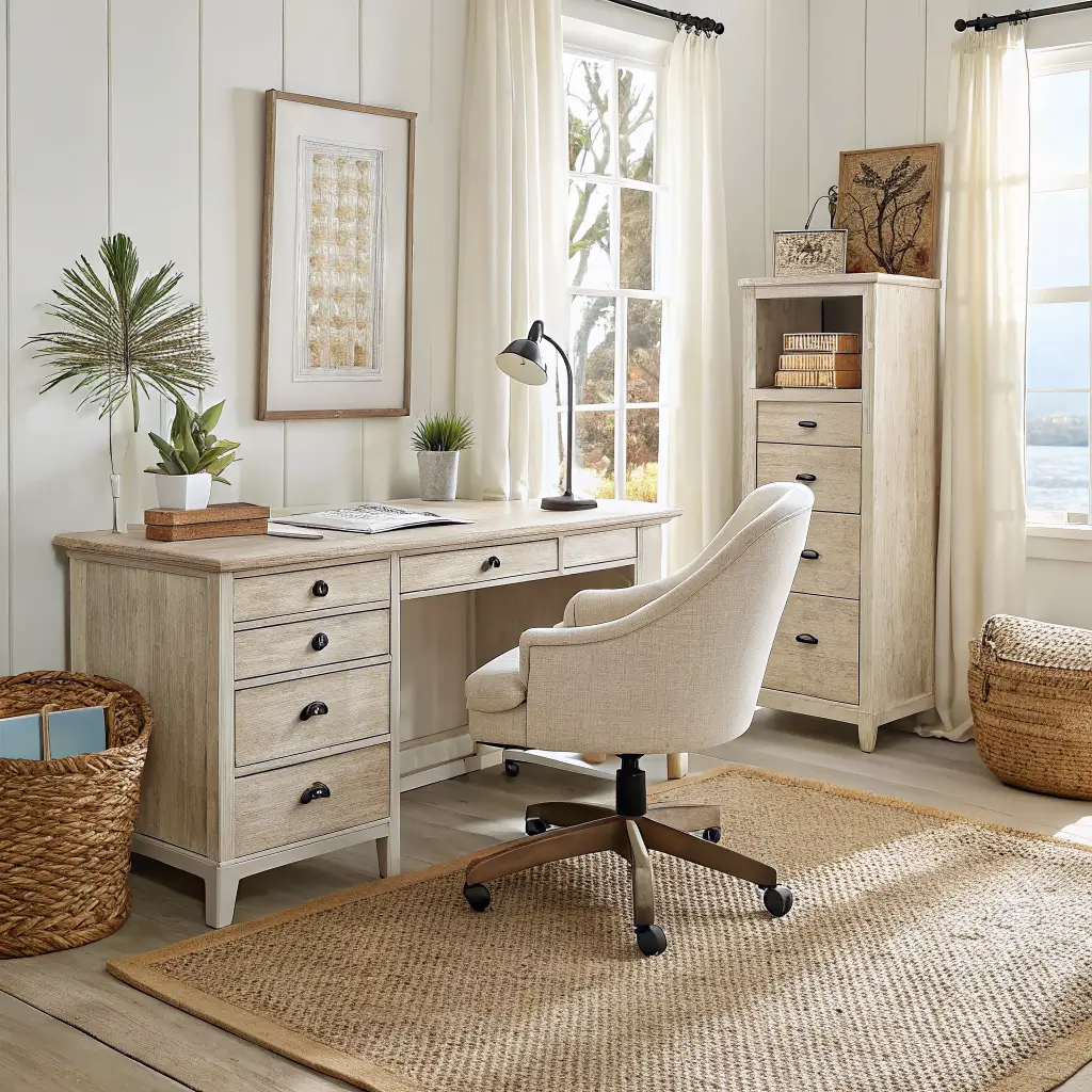 High-angle view of an airy coastal home office with a whitewashed oak desk, cream boucle chair on a jute rug, window light with sand linen curtains, file cabinet and floating shelf, warm neutral palette.