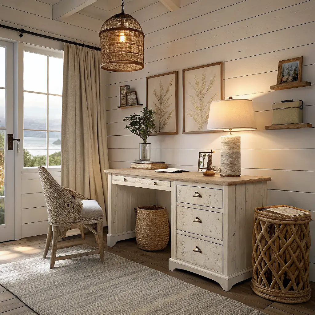 Evening coastal home office with warm overhead light, ceramic desk lamp, and rattan ambient lamp creating a cozy glow against a white shiplap wall.