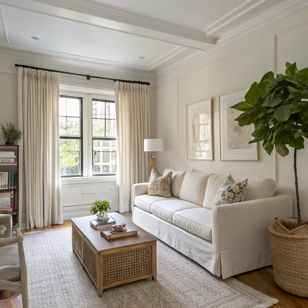 Serene morning-lit apartment living room with oatmeal linen sofa, jute rug, white oak coffee table with rattan tray and olive branch vase, sand linen curtains, and a parlor palm.