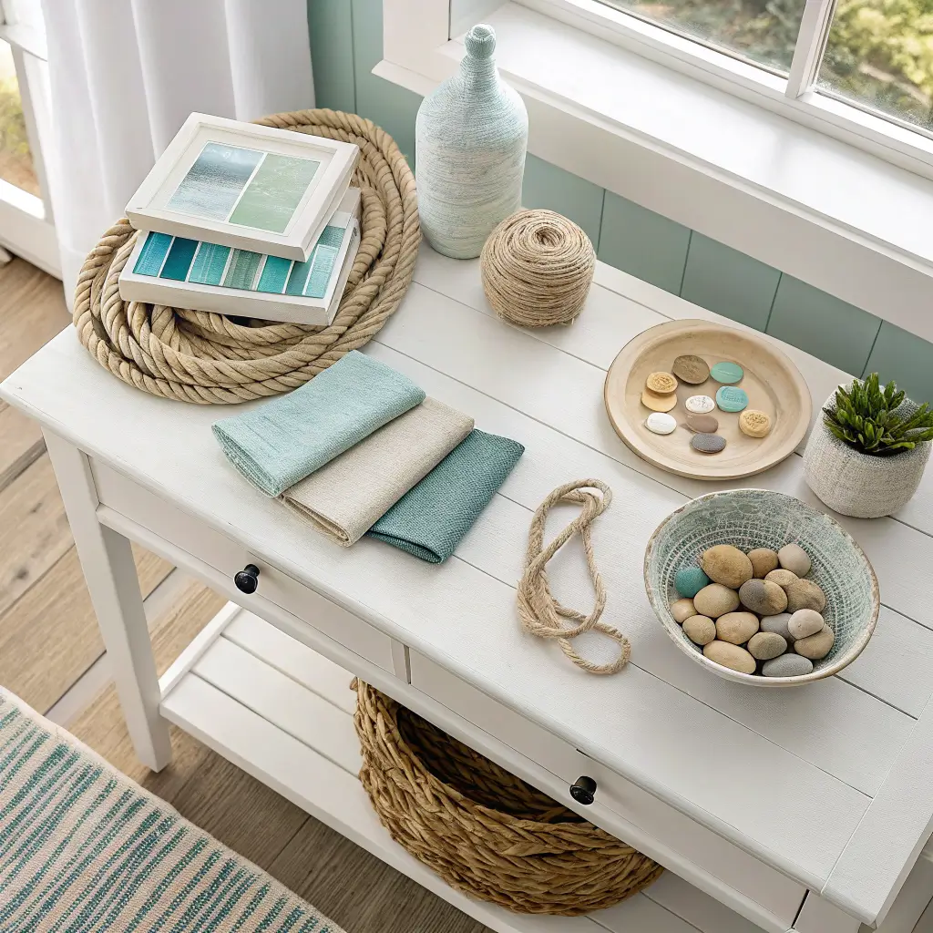 Flat-lay designer moodboard on a white oak console with paint swatches in soft white, warm greige, and muted sea-salt blue, layered with oatmeal linen, pine veneer, jute rope, rattan sample, a pale aqua dish with river stones, and a matte black drawer pull in soft midday light.