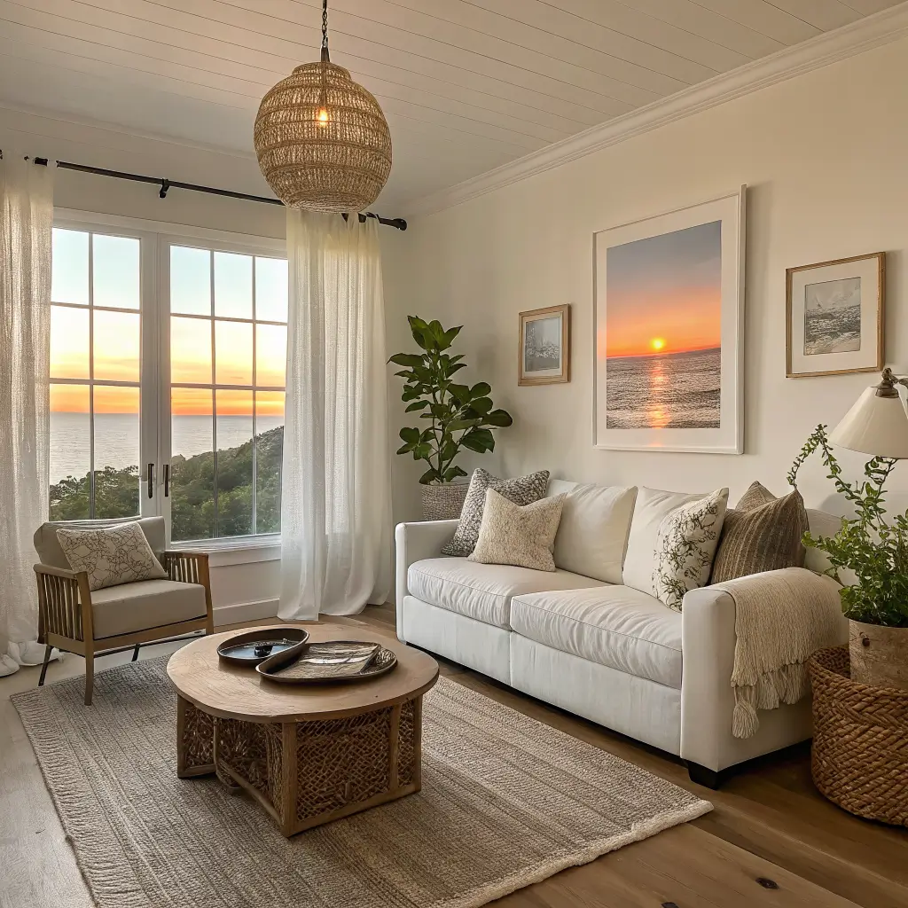 Modern coastal living room at golden hour with white linen curtains, oatmeal sofa on jute rug, dune photo art, light wood coffee table decor, rattan chair, and arcing brass floor lamp.