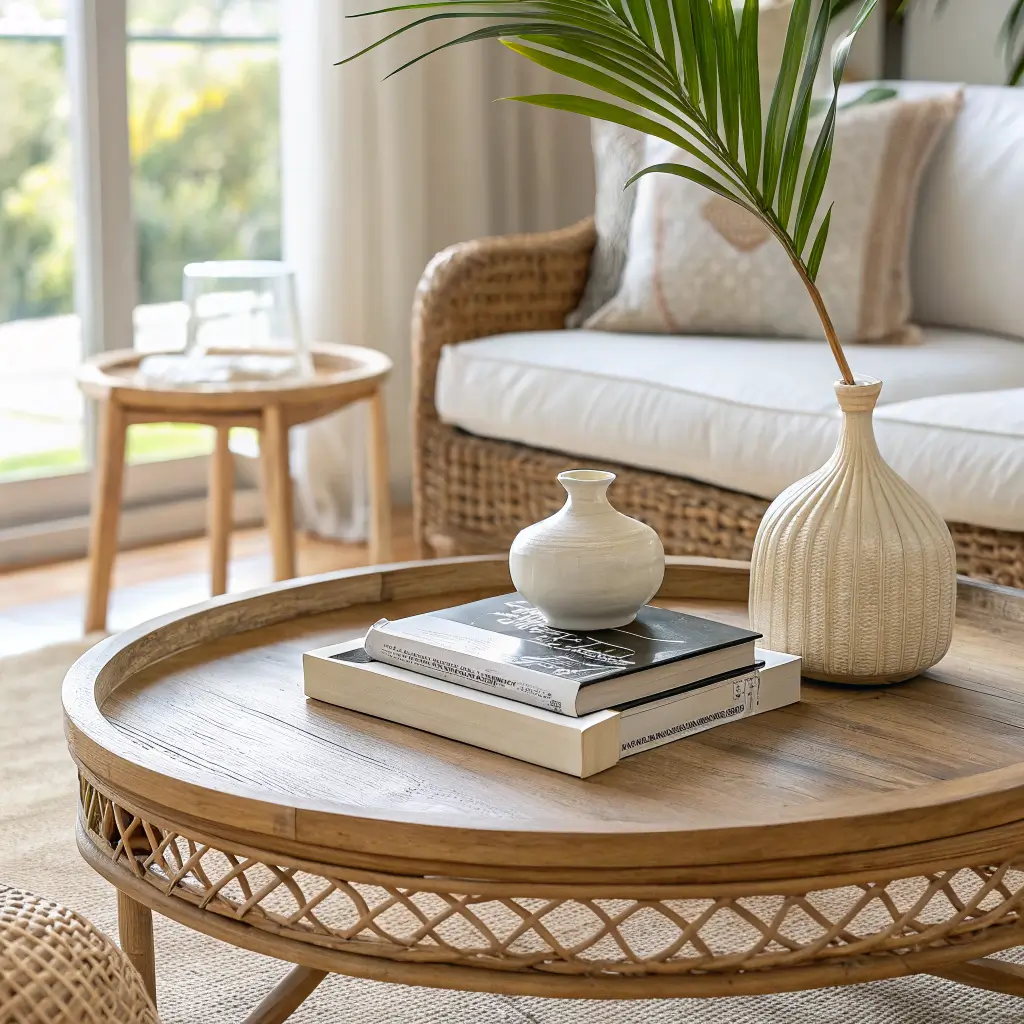 Close-up of a white oak coffee table with a rattan tray holding two linen books, a cream ceramic sculpture, and a glass bud vase with an olive stem in soft coastal light.