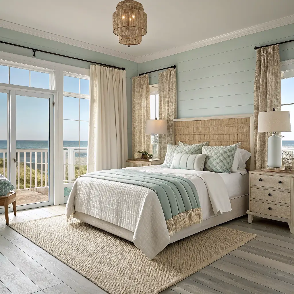 Photorealistic coastal bedroom at dawn with sea-salt aqua walls, white oak floors, cane-headboard bed in oatmeal linen, ivory knit throw, jute rug, matching nightstands with warm ceramic lamps, and an abstract coastal print above.