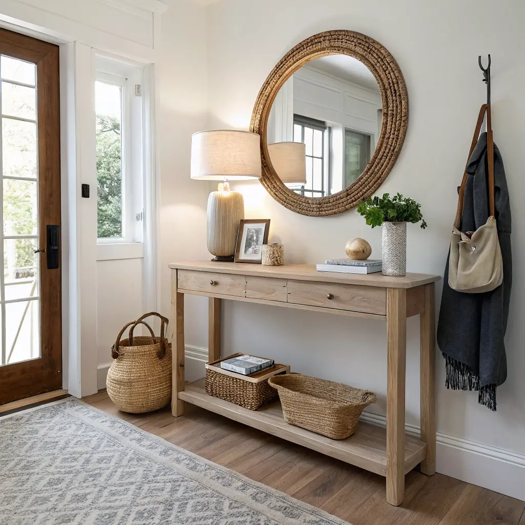 Photorealistic narrow apartment entryway with a white oak console on pale greige wall, round rattan mirror, small lamp, key bowl, clamshell with sea-glass beads, jute runner, and linen tote on a black hook.