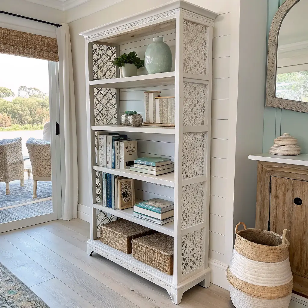 Styled white five-shelf bookcase against a pale oak wall with muted linen books, ceramic vessel, trailing pothos, rattan box, and sand-toned art in soft coastal afternoon light.