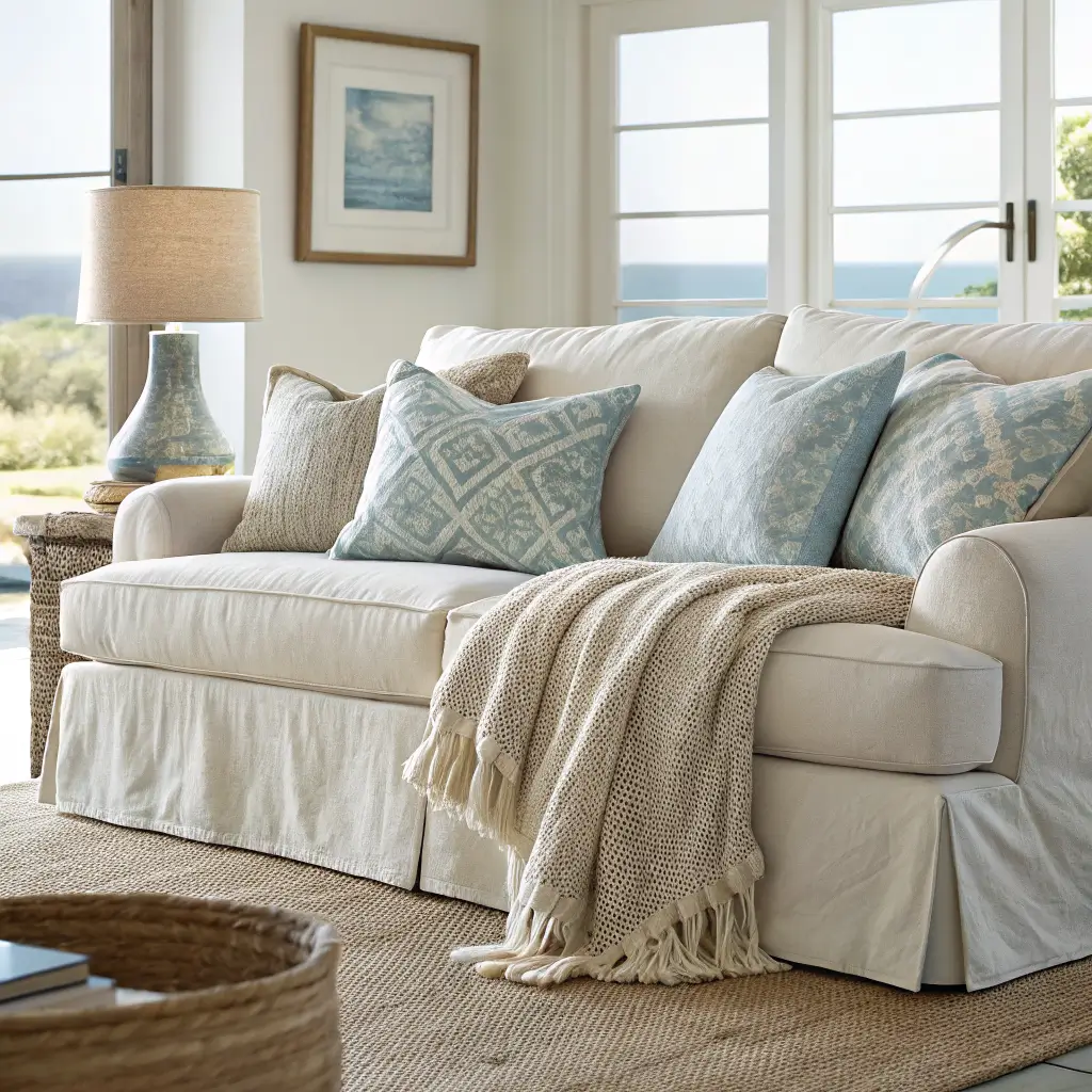 Close-up of an oatmeal linen sofa with five pillows in sand, pale blue, and ivory, plus a chunky knit throw, lit by soft late-morning window light.