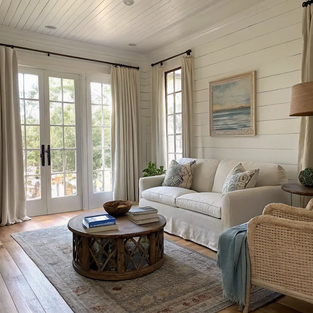 Sunlit coastal living room with cream paneled walls, oak floors, linen sofa, rattan chair, driftwood coffee table, jute rug, and oceanscape painting.