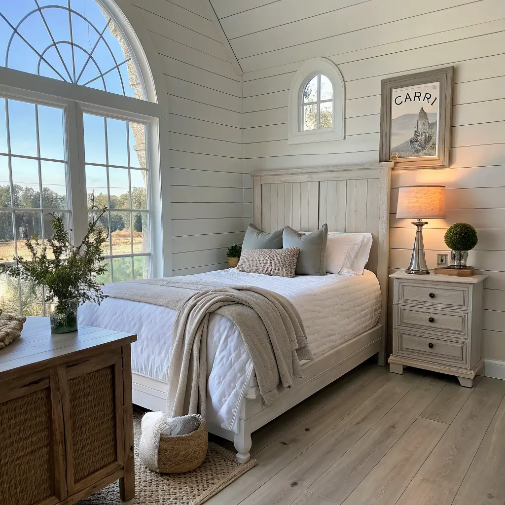 Photorealistic serene bedroom with light-oak bed in white linen, shiplap accent wall, arched window with golden-hour light, wicker side table with glass lamp and olive branches, and a Capri poster on a low dresser.