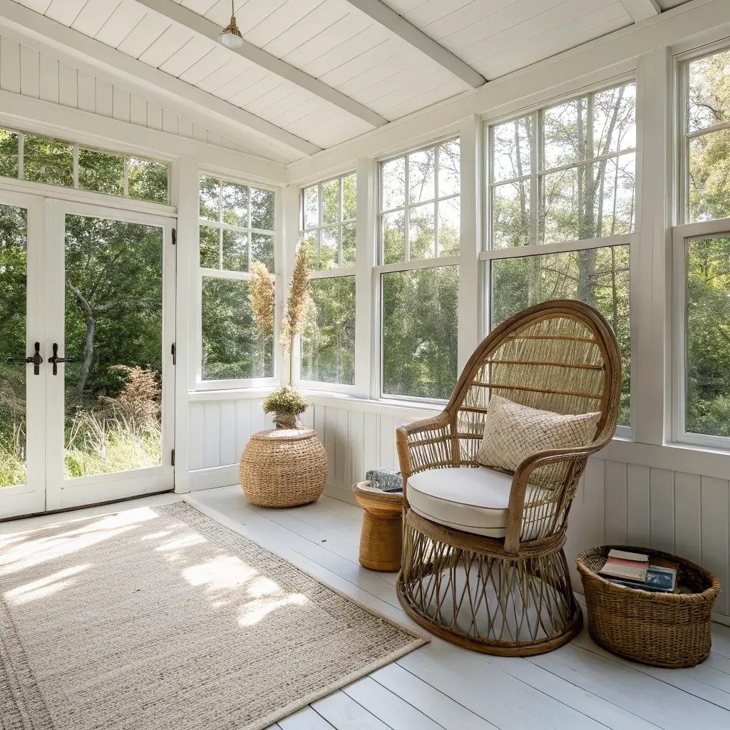 Photorealistic sunroom with floor-to-ceiling windows, white beams, rattan peacock chair, driftwood side table, seagrass rug, linen throws, pampas vase, and brass porthole mirror in soft daylight.