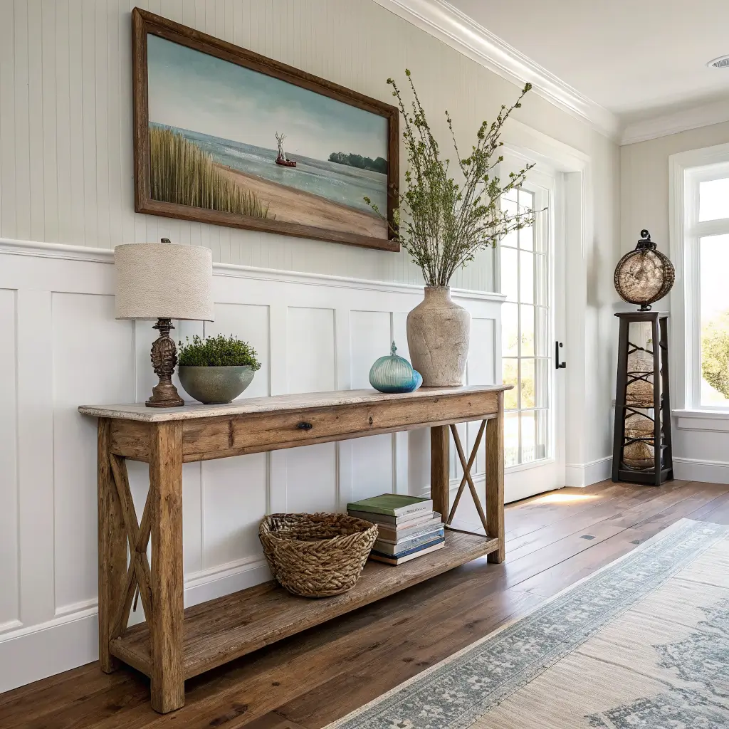 Photorealistic entryway nook with white wainscoting, salvaged wood console holding a vase of eucalyptus, sea-glass bowl, and brass ship barometer, jute runner on reclaimed oak floors, misty coastline painting above, and seagrass shoe basket in warm morning light.