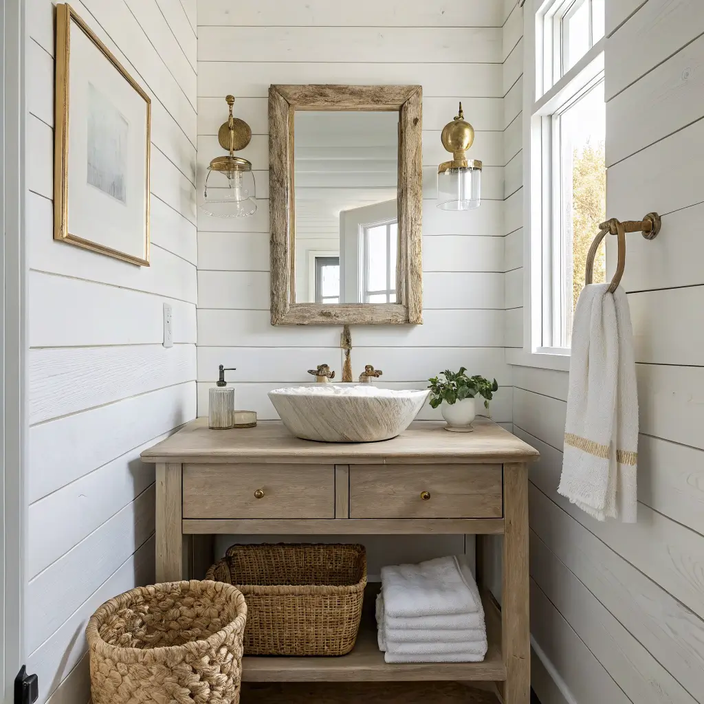 Photorealistic 5x7 powder bathroom with white vertical shiplap, unlacquered brass fixtures, floating light-oak vanity with stone vessel sink, driftwood mirror, and honed limestone floor in soft daylight.