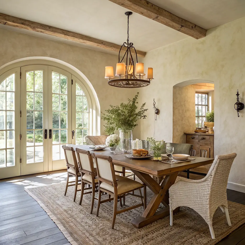 Photorealistic dining room with cream plaster walls, arched doorway, oak trestle table for six with mismatched chairs, linen runner with olive branches and candles, rattan pendant, jute rug, and seascape painting in warm late-afternoon light.
