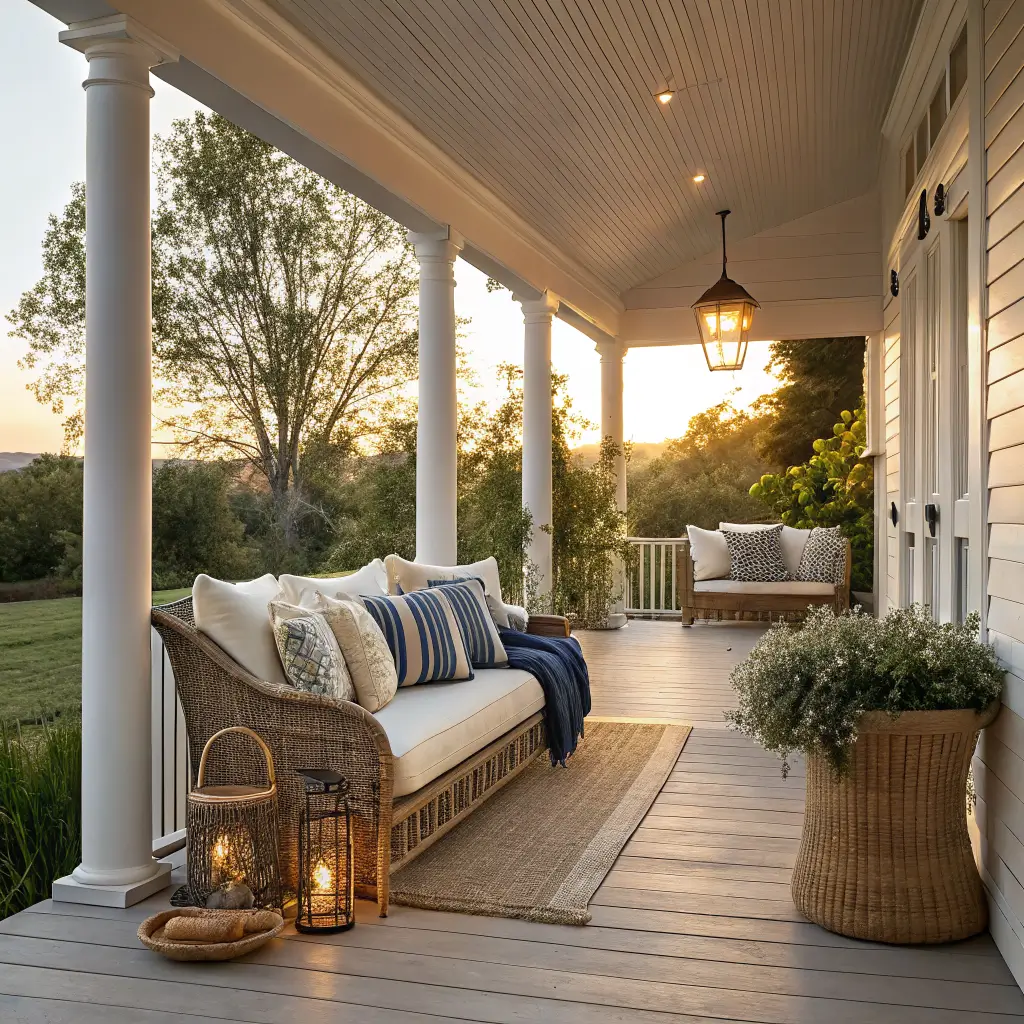 Golden-hour photo of a 10x18 covered porch with whitewashed beadboard ceiling, slim columns, rattan settee with cream linens and navy pillow, driftwood table with lantern, seagrass basket, and wildflowers.
